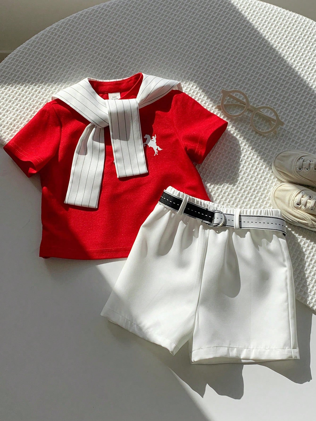 3pcs Boys Polo Shirt, Striped Shawl & Belted Shorts Set - Scarlet