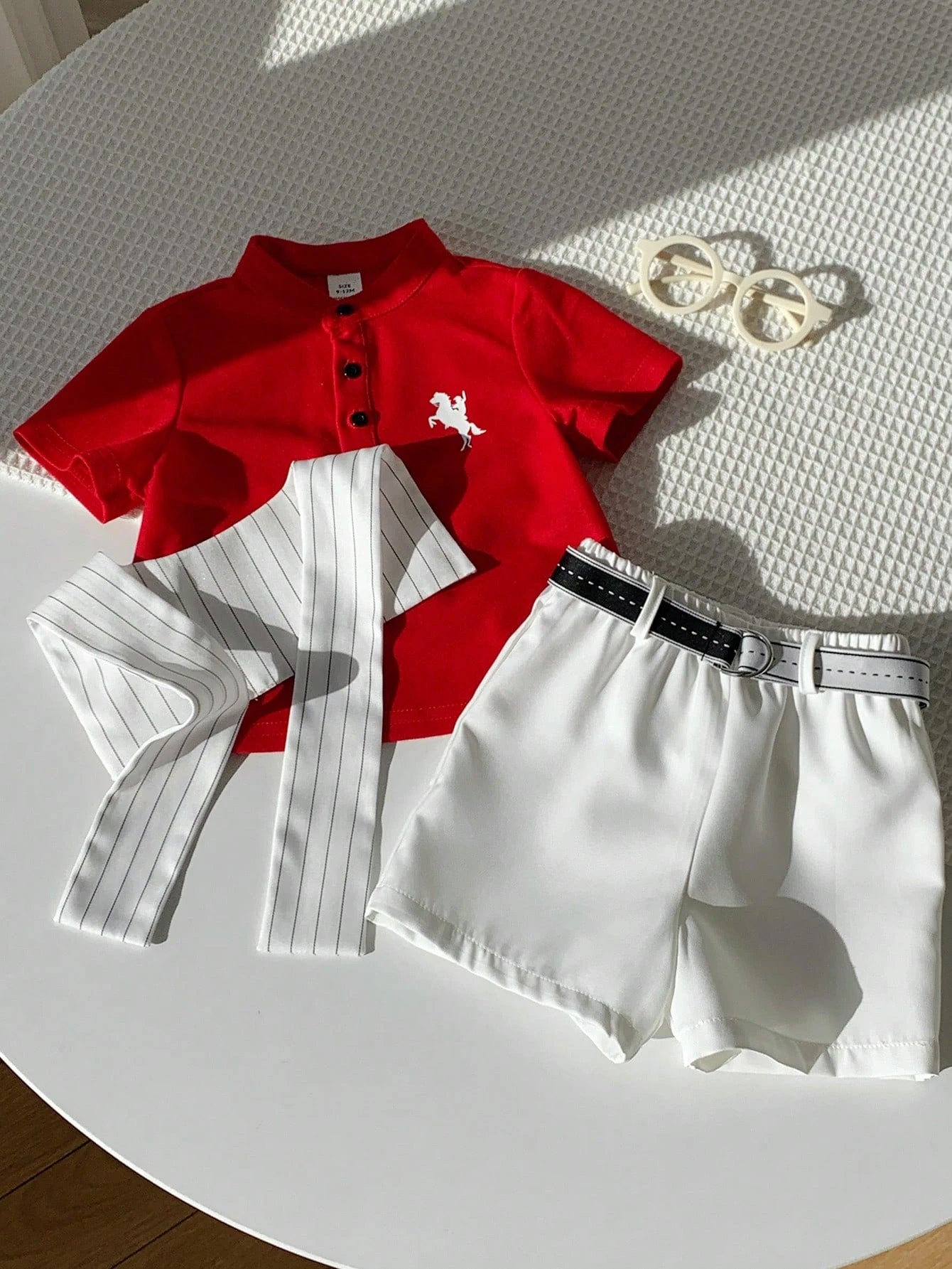 3pcs Boys Polo Shirt, Striped Shawl & Belted Shorts Set - Scarlet