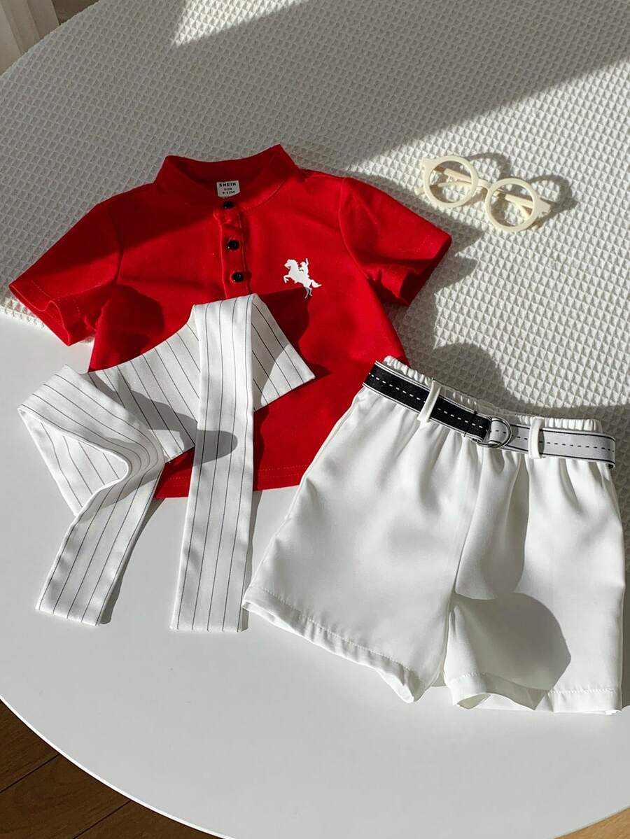 3pcs Boys Polo Shirt, Striped Shawl & Belted Shorts Set - Scarlet