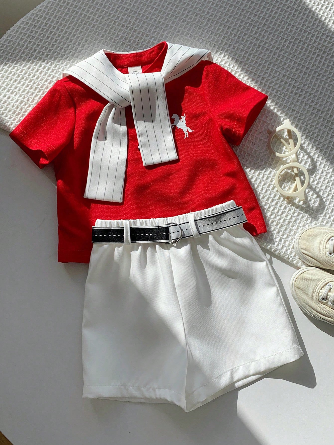 3pcs Boys Polo Shirt, Striped Shawl & Belted Shorts Set - Scarlet