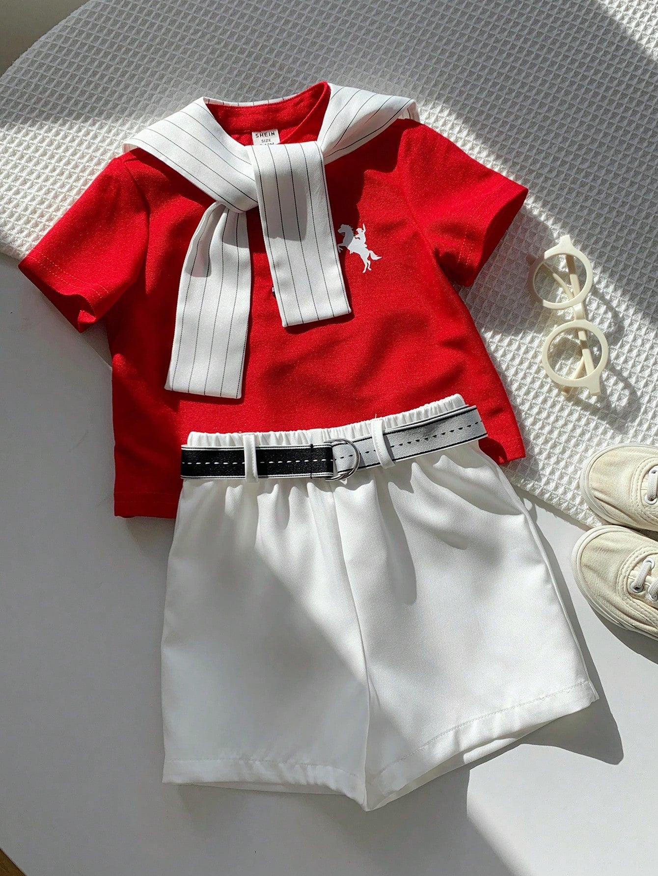 3pcs Boys Polo Shirt, Striped Shawl & Belted Shorts Set - Scarlet
