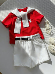 3pcs Boys Polo Shirt, Striped Shawl & Belted Shorts Set - Scarlet