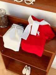 3pcs Boys Polo Shirt, Striped Shawl & Belted Shorts Set - Scarlet