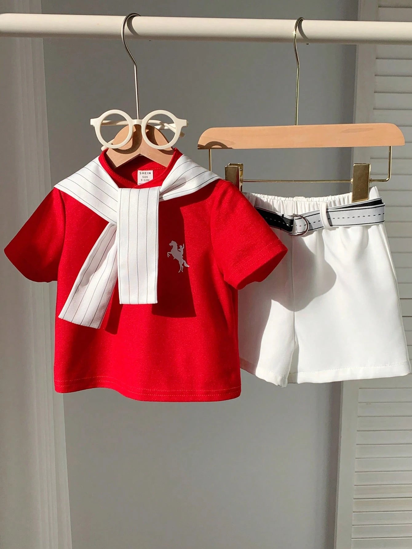 3pcs Boys Polo Shirt, Striped Shawl & Belted Shorts Set - Scarlet
