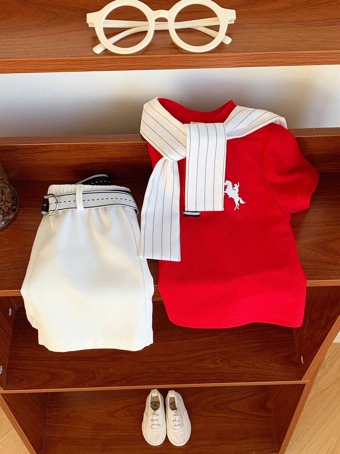 3pcs Boys Polo Shirt, Striped Shawl & Belted Shorts Set - Scarlet