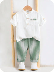 Boys Mandarin Collar Shirt & Striped Trousers Set - Ivory