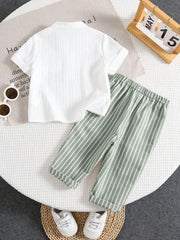 Boys Mandarin Collar Shirt & Striped Trousers Set - Ivory
