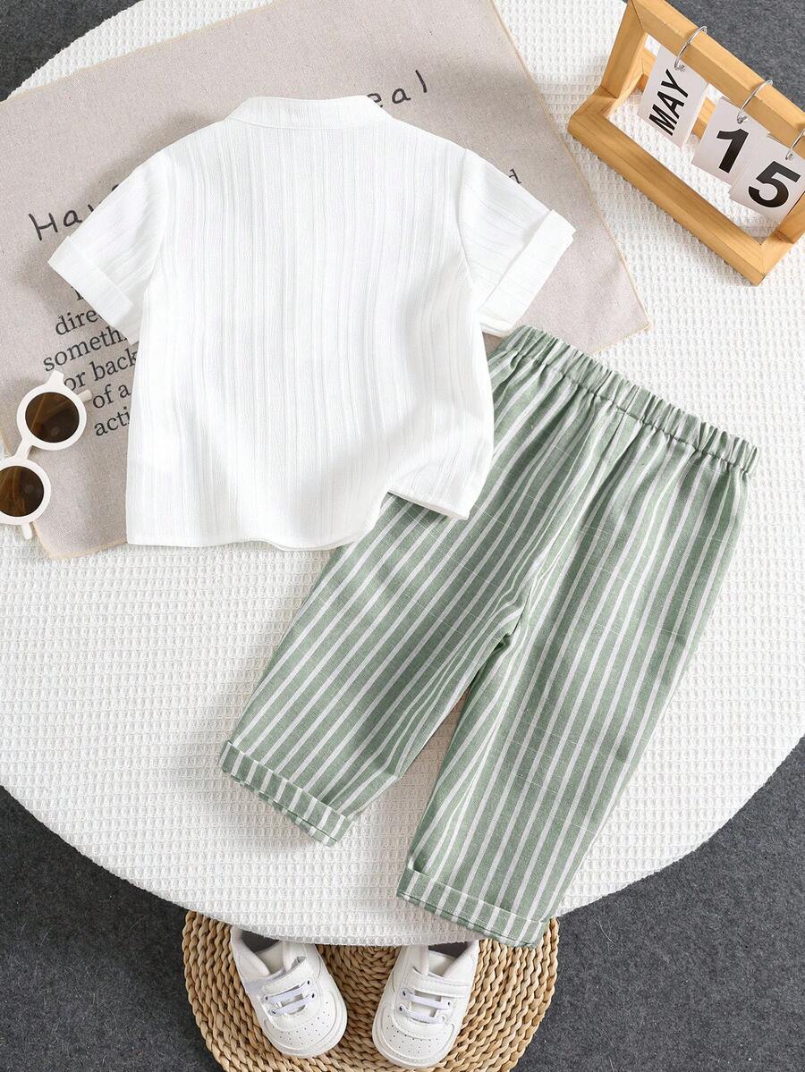 Boys Mandarin Collar Shirt & Striped Trousers Set - Ivory