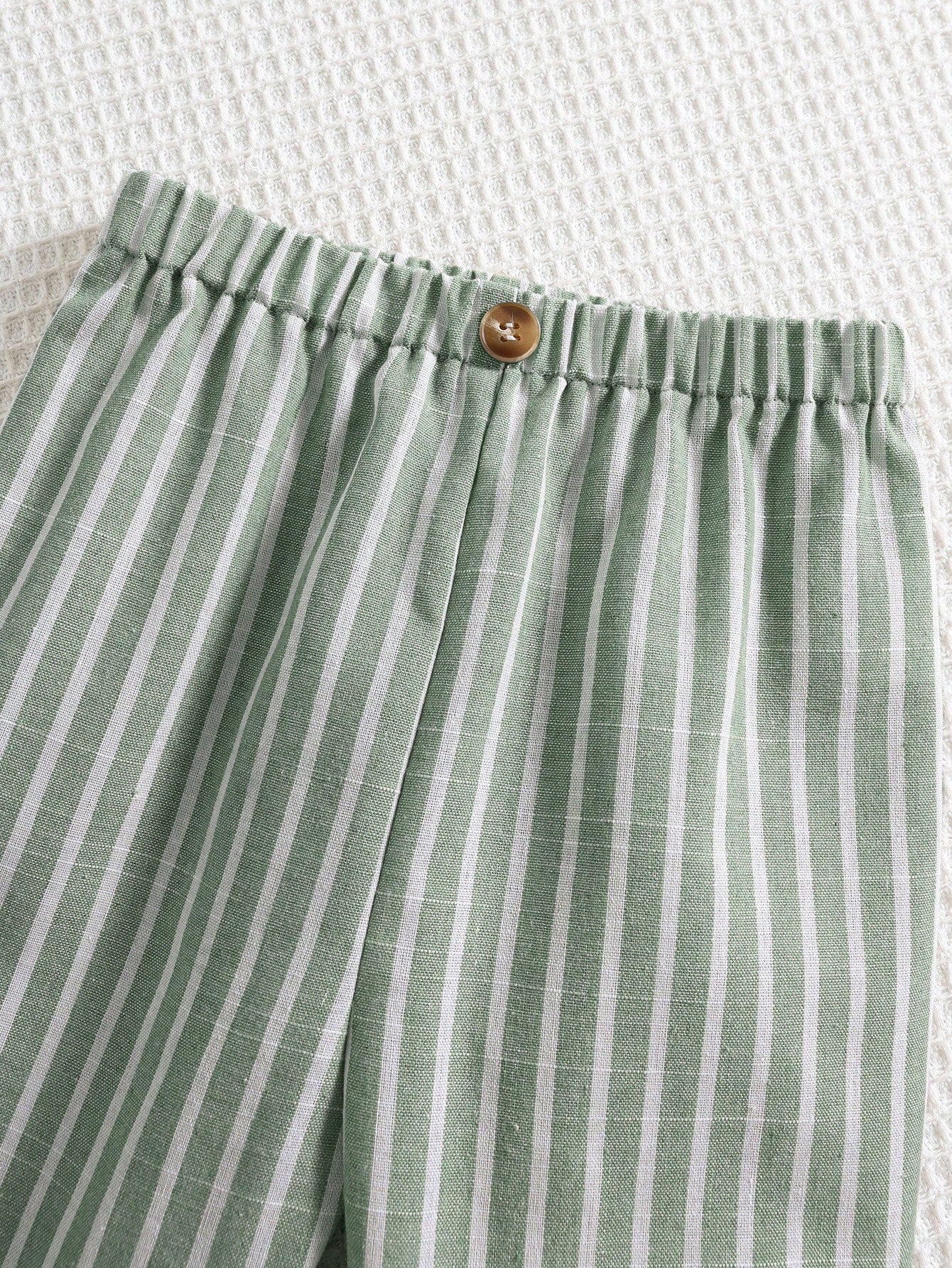 Boys Mandarin Collar Shirt & Striped Trousers Set - Ivory