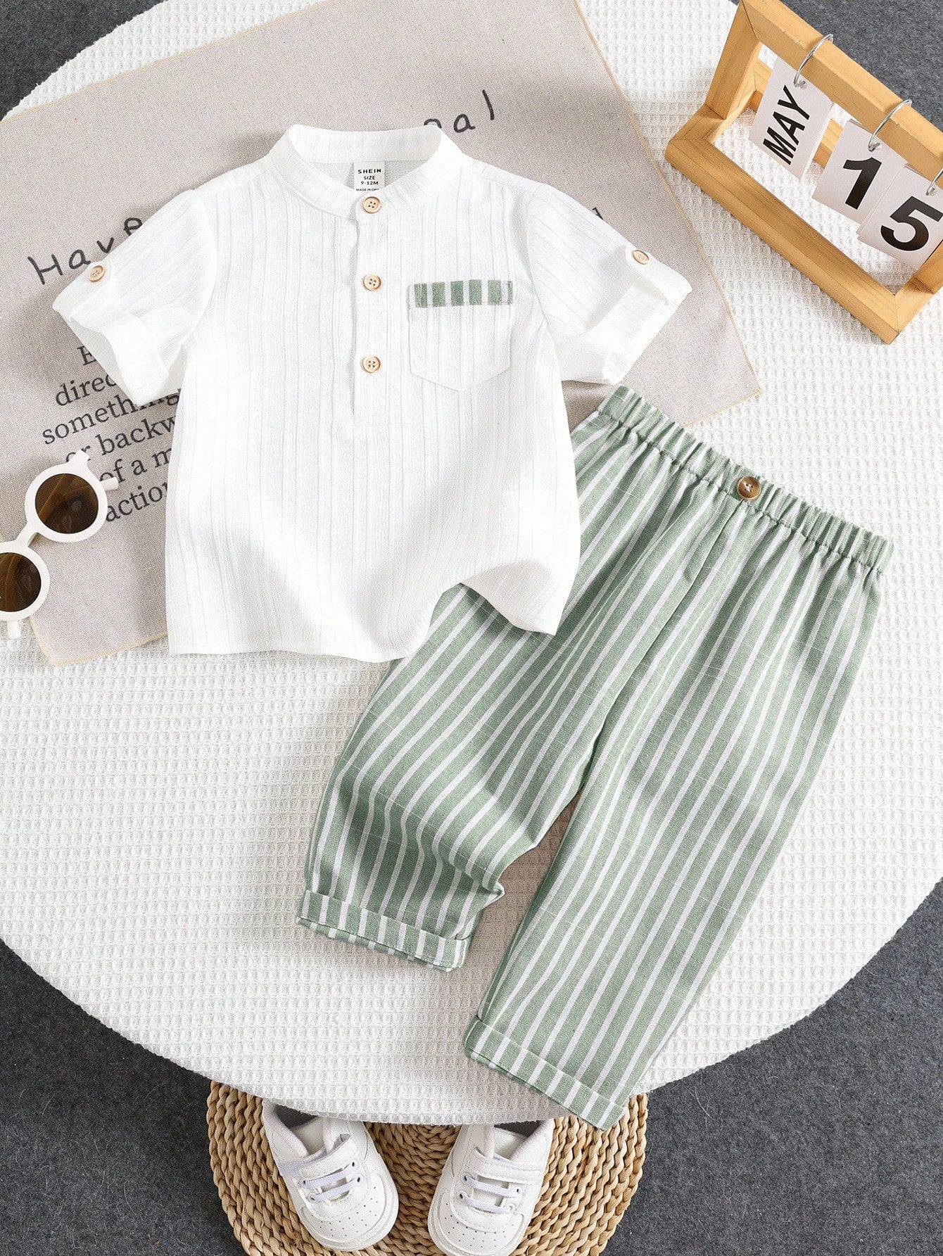 Boys Mandarin Collar Shirt & Striped Trousers Set - Ivory