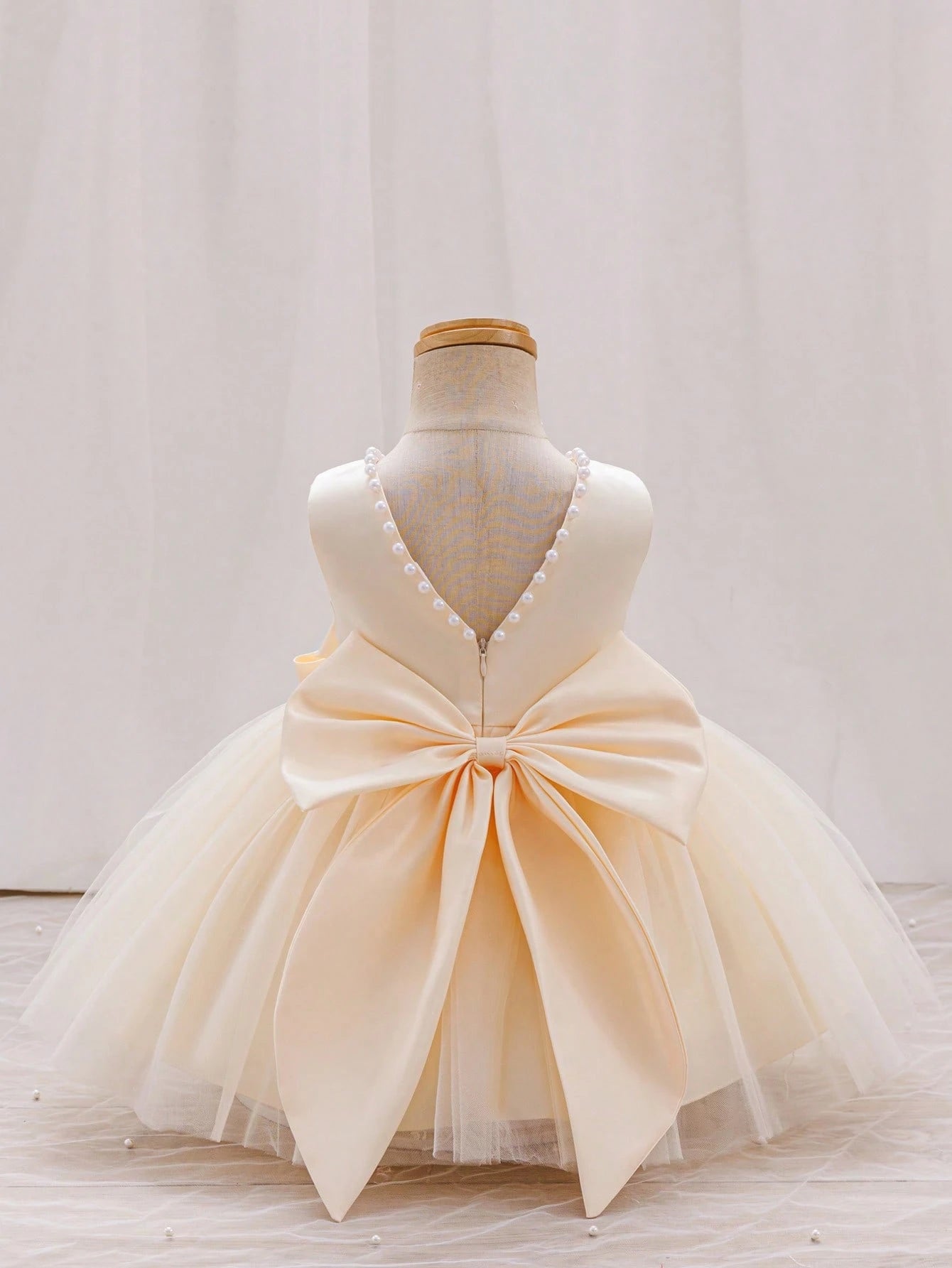Girls Pearl-Trim Tulle Ball Gown Bow Dress - Champagne | 21 Century...