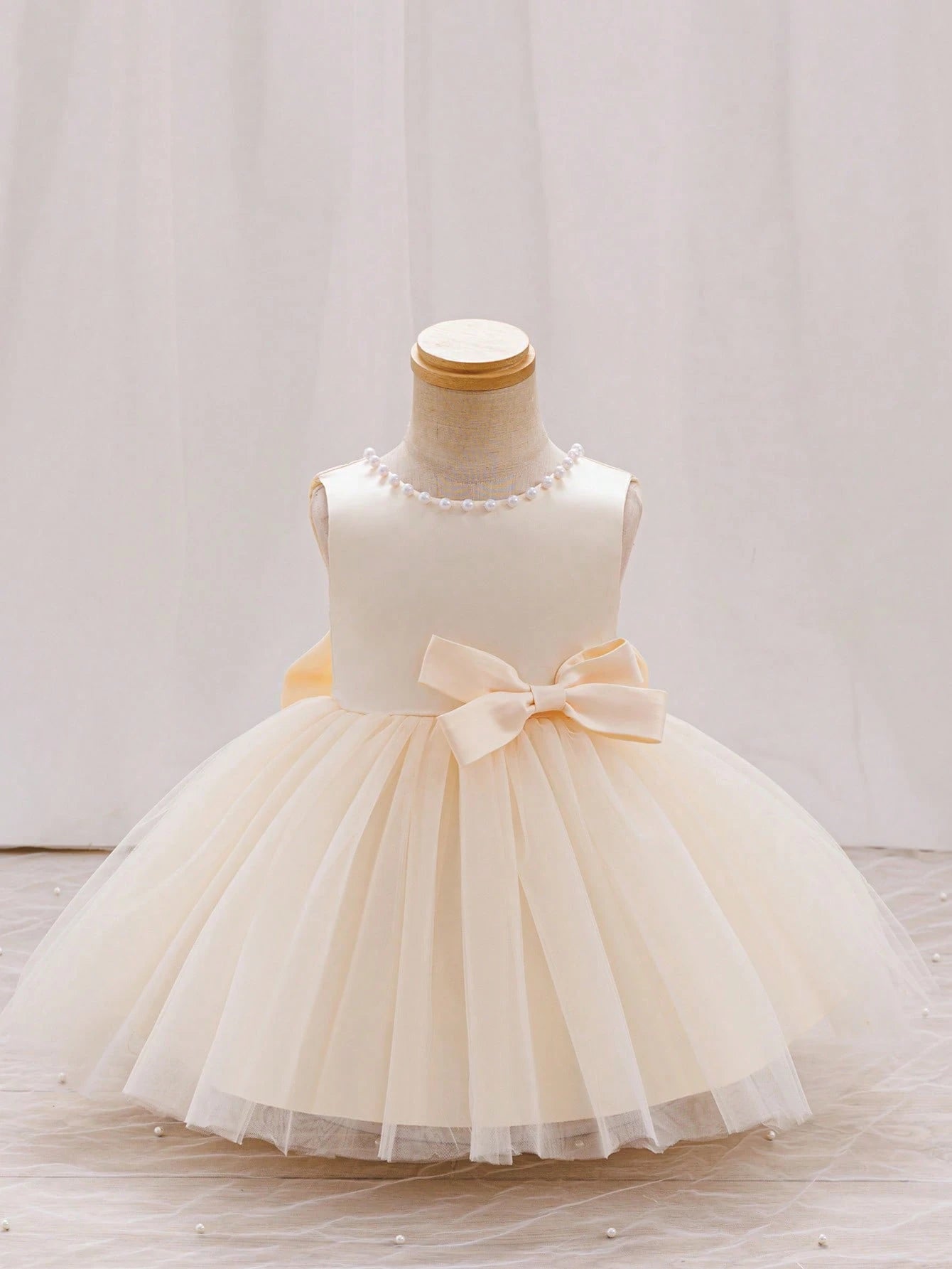 Girls Pearl-Trim Tulle Ball Gown Bow Dress - Champagne | 21 Century...