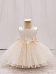 Girls Pearl-Trim Tulle Ball Gown Bow Dress - Champagne | 21 Century...