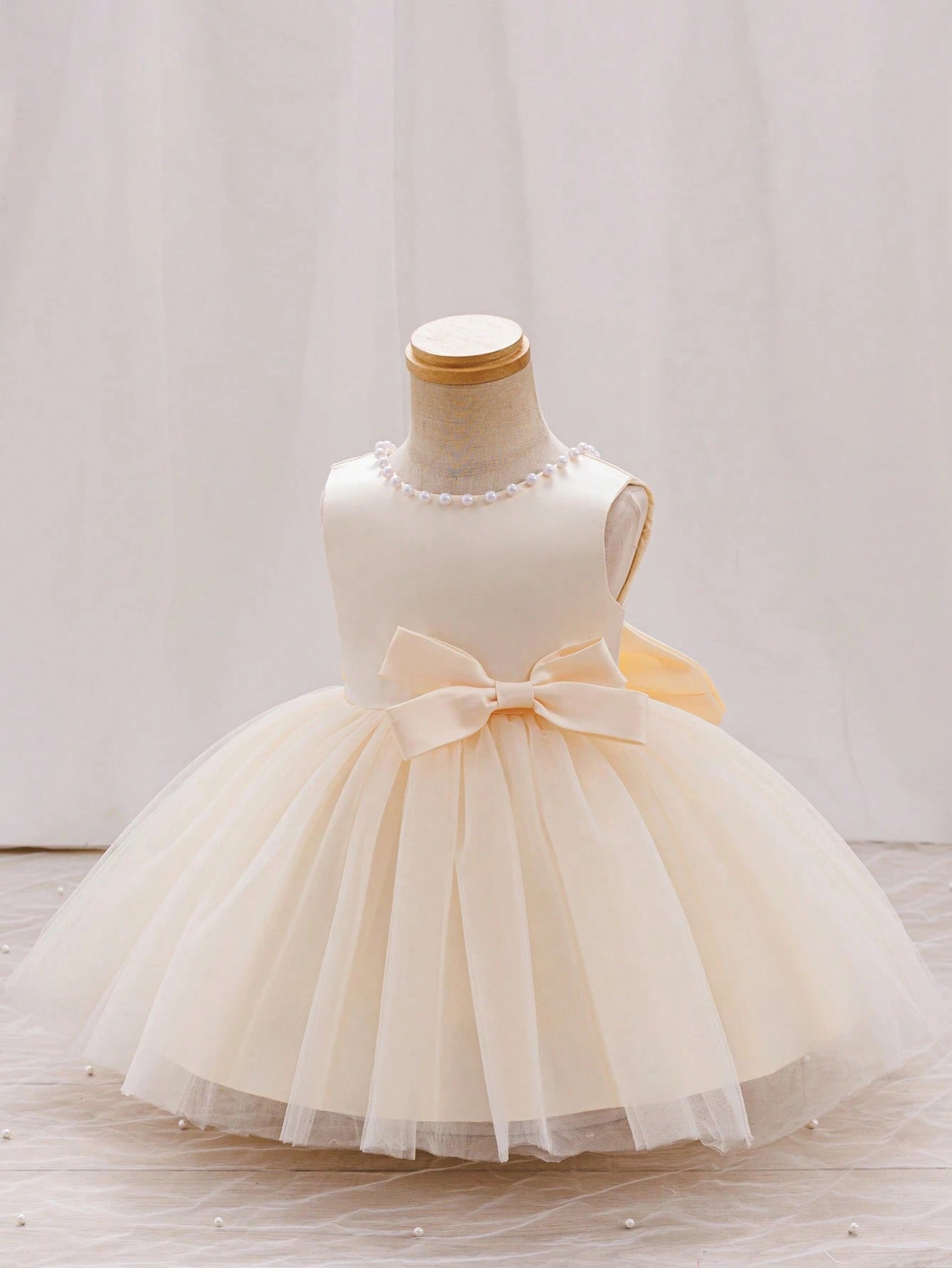 Girls Pearl-Trim Tulle Ball Gown Bow Dress - Champagne | 21 Century...