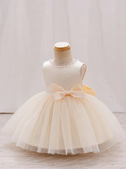 Girls Pearl-Trim Tulle Ball Gown Bow Dress - Champagne | 21 Century...