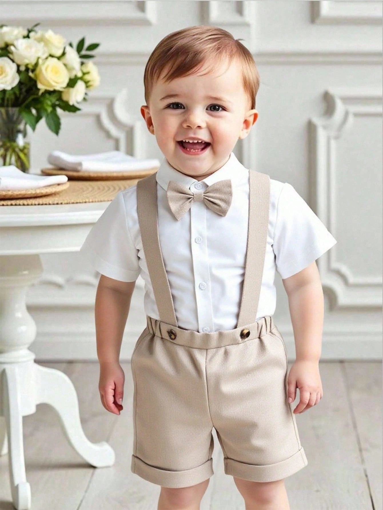 2pcs Boys Formal Shirt & Suspender Shorts Set - Taupe