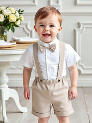 2pcs Boys Formal Shirt & Suspender Shorts Set - Taupe