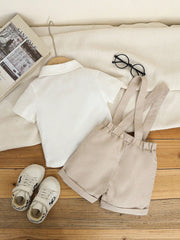 2pcs Boys Formal Shirt & Suspender Shorts Set - Taupe