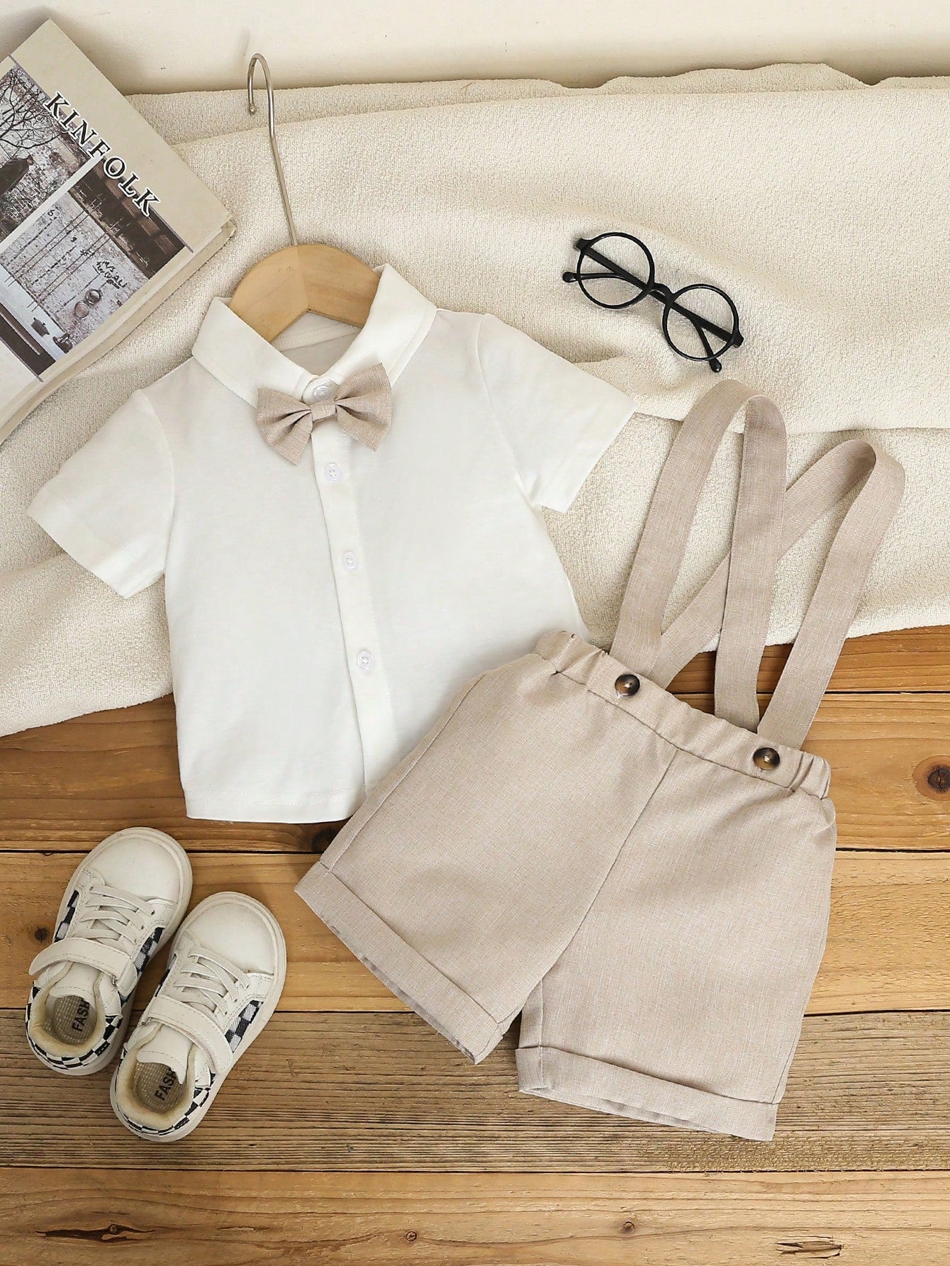 2pcs Boys Formal Shirt & Suspender Shorts Set - Taupe