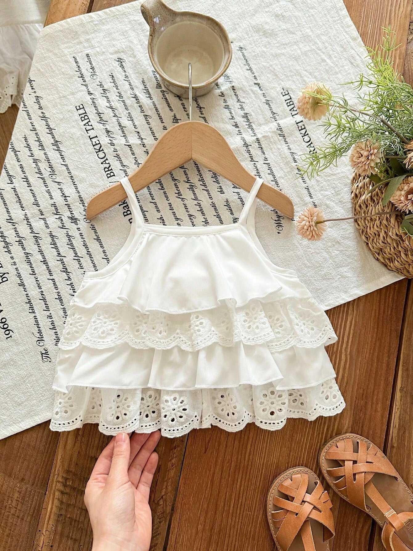2pcs Girls Tiered Eyelet Lace Camisole & Stripe Shorts Set - Ivory ...