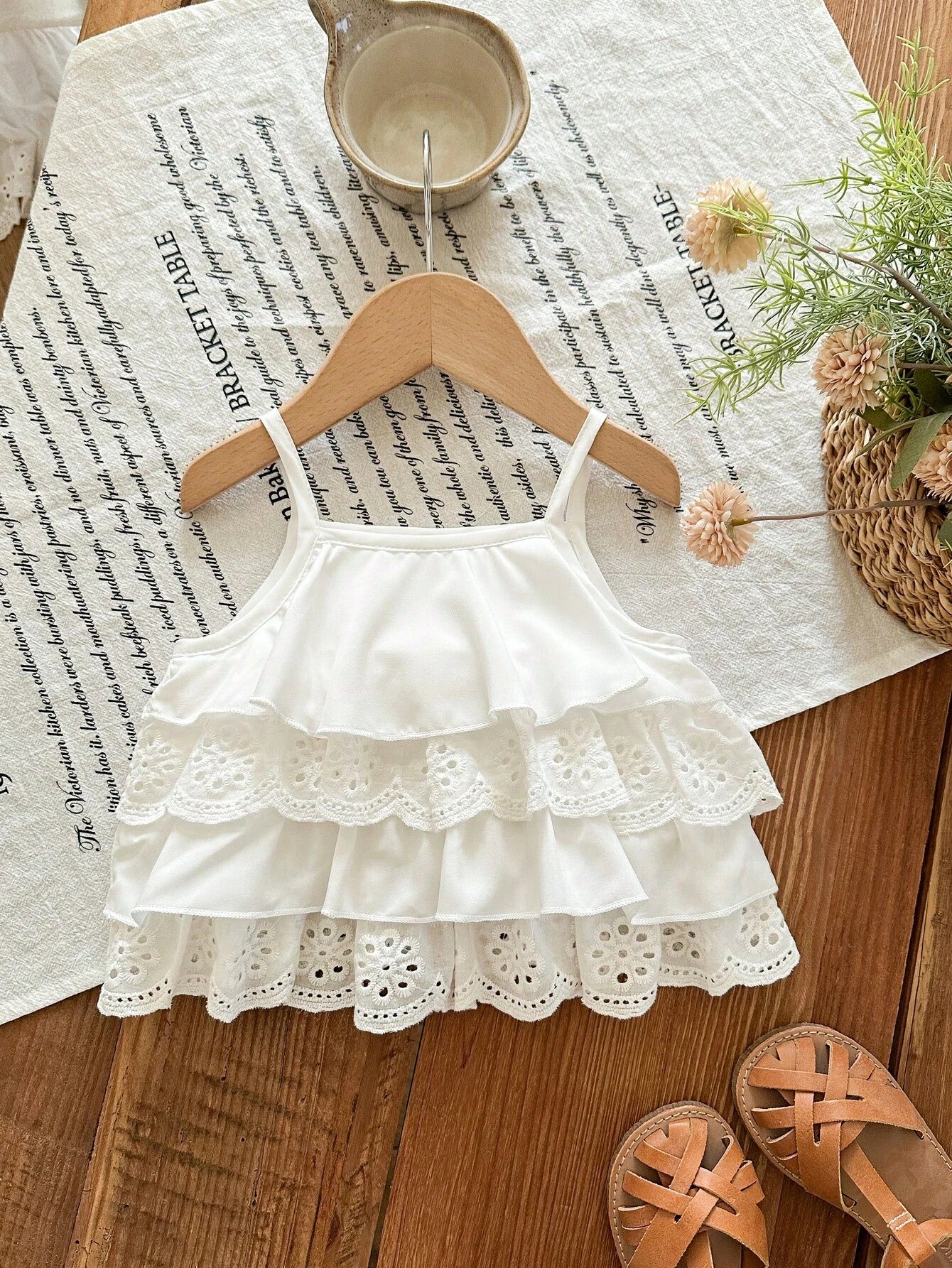 2pcs Girls Tiered Eyelet Lace Camisole & Stripe Shorts Set - Ivory ...