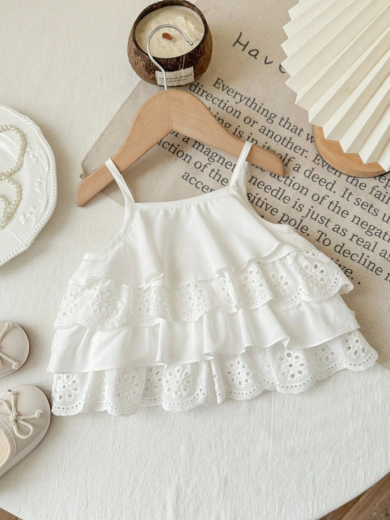 2pcs Girls Tiered Eyelet Lace Camisole & Stripe Shorts Set - Ivory ...