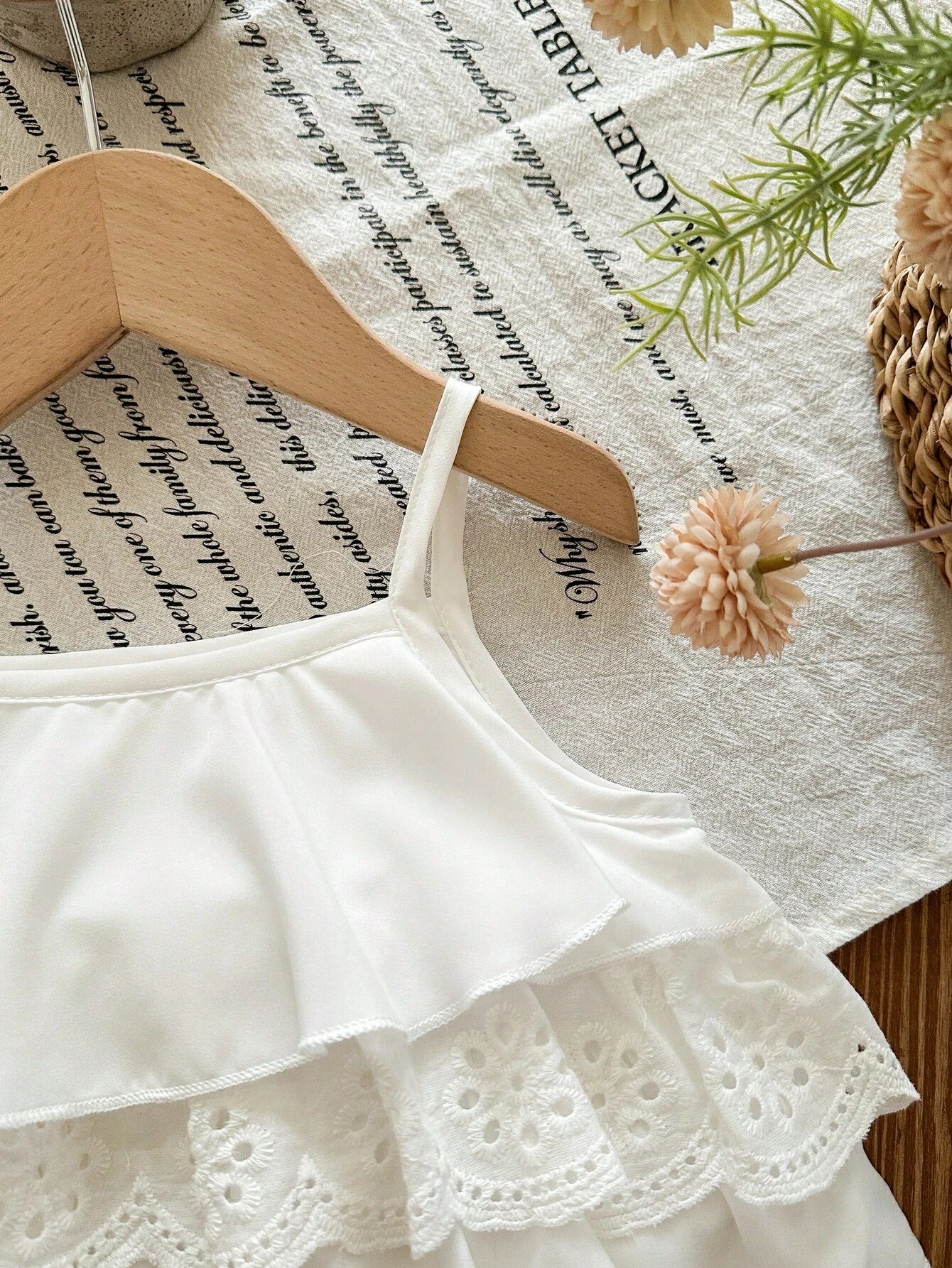 2pcs Girls Tiered Eyelet Lace Camisole & Stripe Shorts Set - Ivory ...