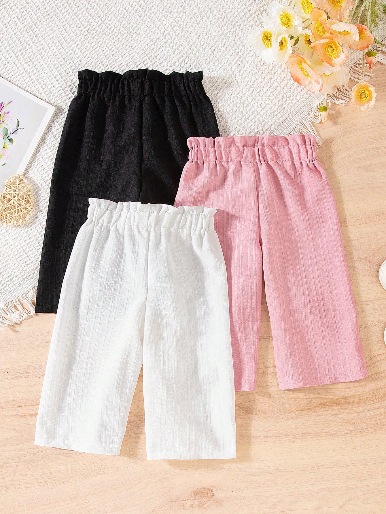 3pcs Girls Paper-Bag Waist Wide-Leg Pants Set - Blush | 21 Century ...