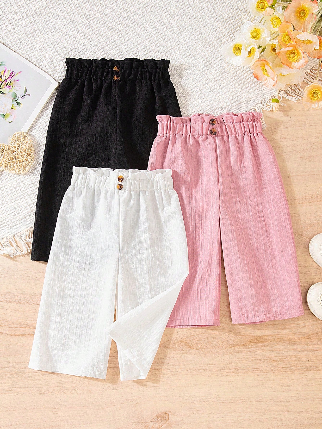 3pcs Girls Paper-Bag Waist Wide-Leg Pants Set - Blush | 21 Century ...
