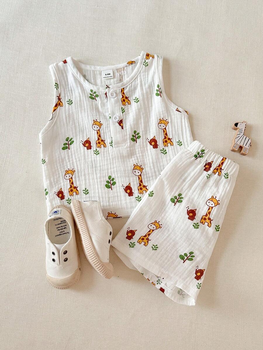 2pcs Boys Giraffe Print Muslin Tank Top & Shorts Set - Ivory | 21 C...