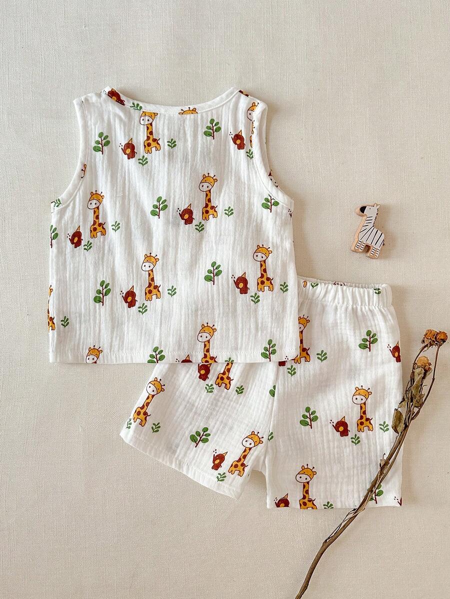 2pcs Boys Giraffe Print Muslin Tank Top & Shorts Set - Ivory | 21 C...