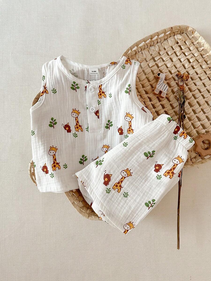 2pcs Boys Giraffe Print Muslin Tank Top & Shorts Set - Ivory | 21 C...
