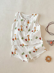 2pcs Boys Giraffe Print Muslin Tank Top & Shorts Set - Ivory | 21 C...
