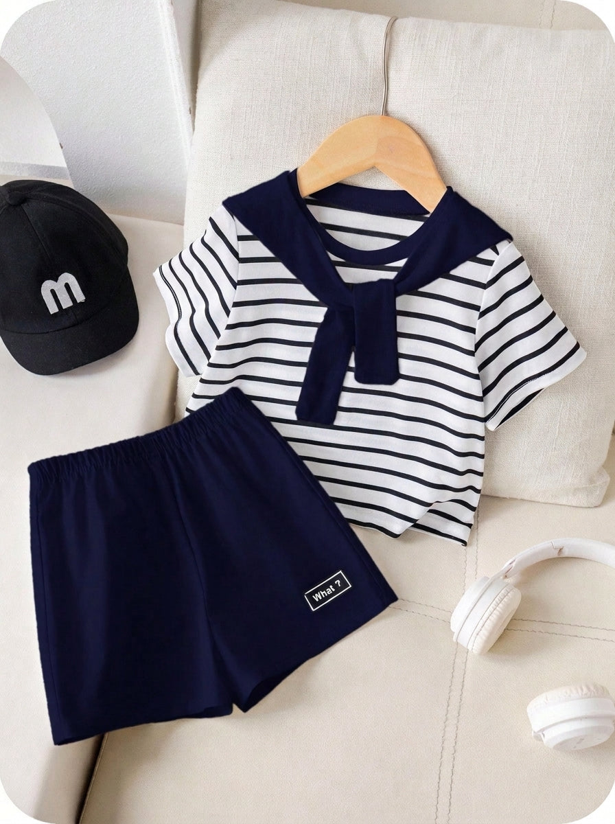 3pcs Unisex Sailor Collar Striped Tee & Shorts Set - Ivory