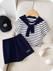 3pcs Unisex Sailor Collar Striped Tee & Shorts Set - Ivory