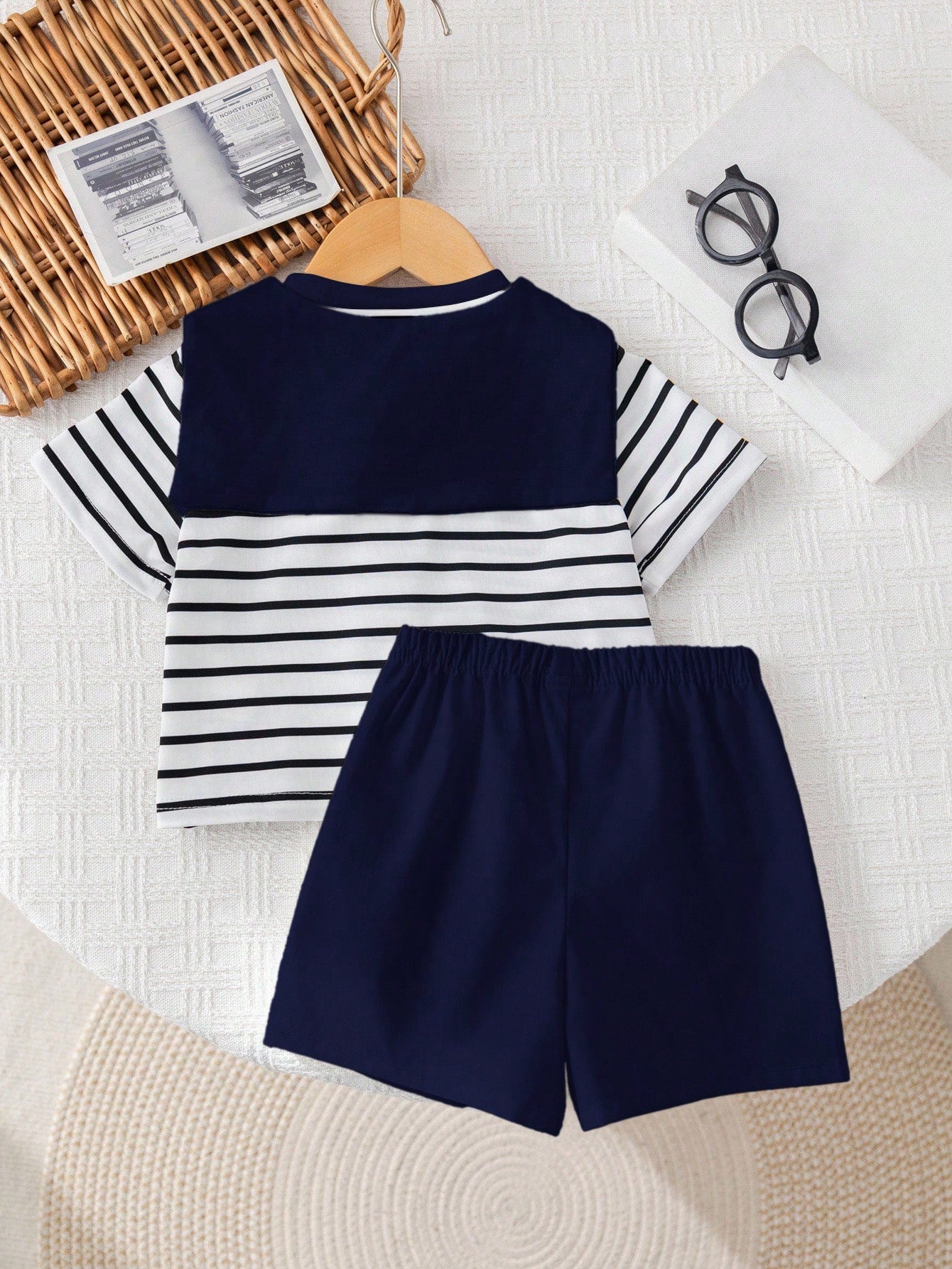3pcs Unisex Sailor Collar Striped Tee & Shorts Set - Ivory | 21 Cen...