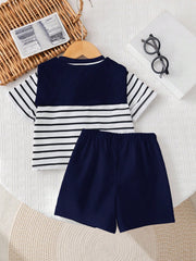 3pcs Unisex Sailor Collar Striped Tee & Shorts Set - Ivory | 21 Cen...