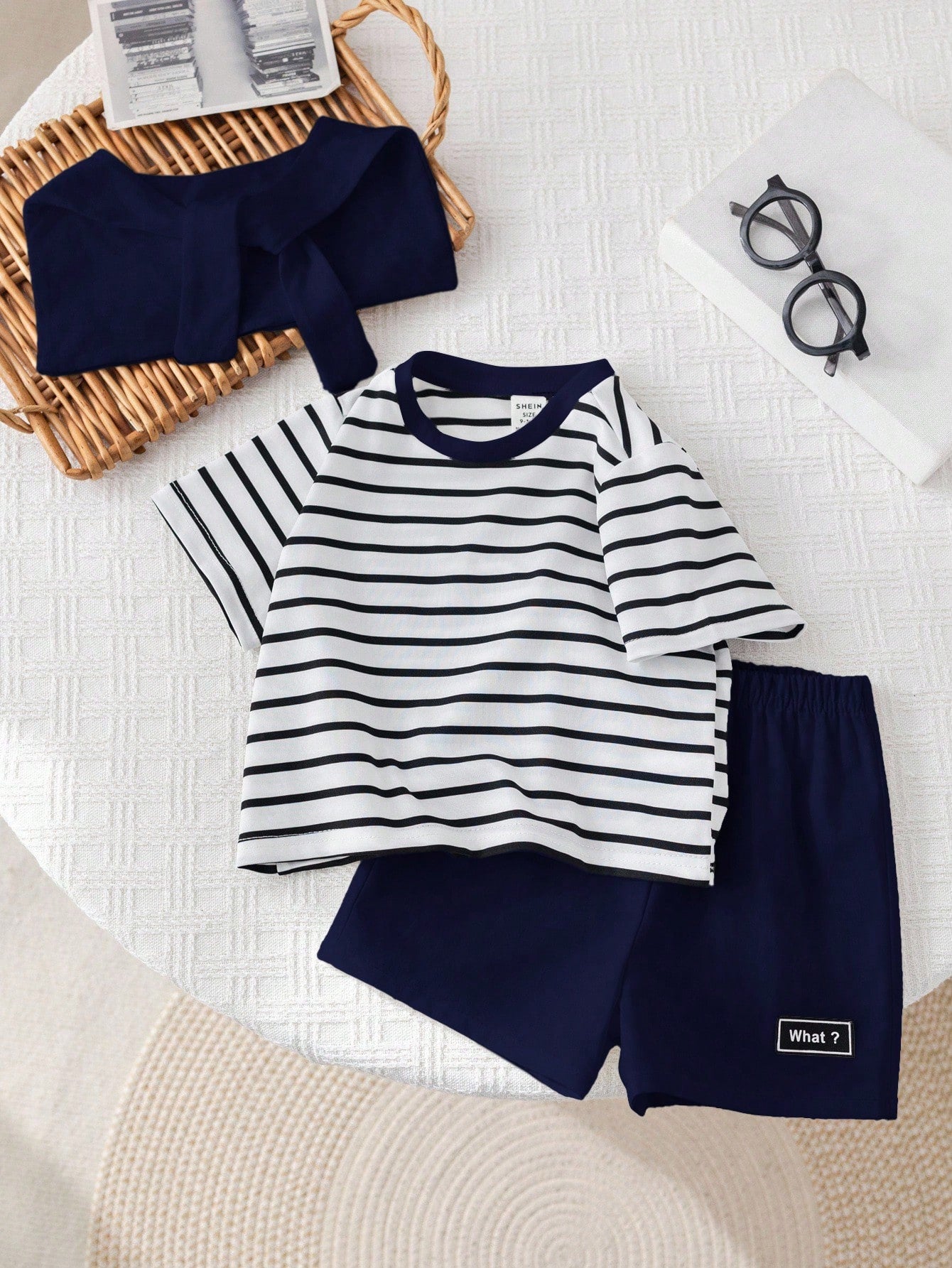 3pcs Unisex Sailor Collar Striped Tee & Shorts Set - Ivory | 21 Cen...