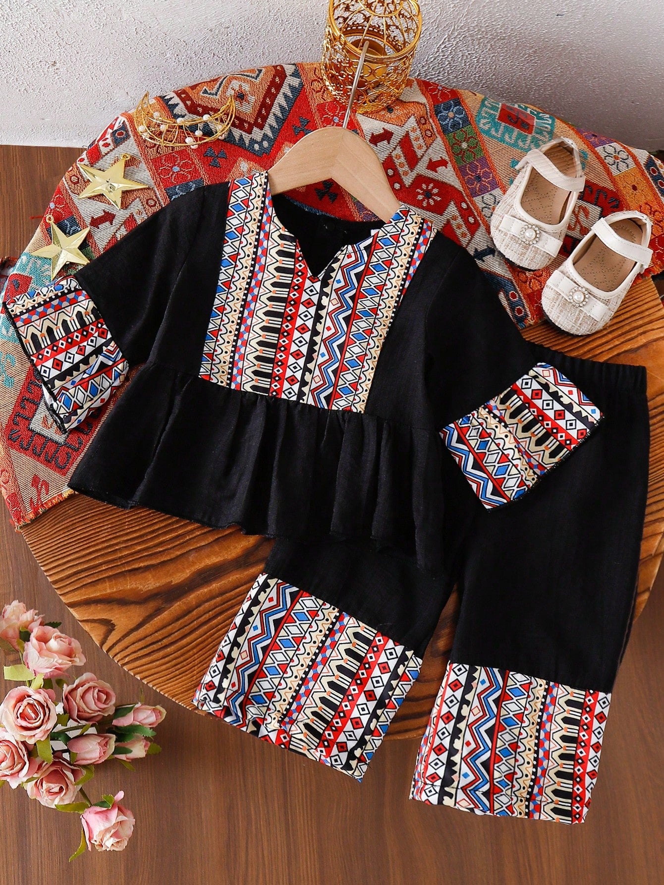2pcs Girls Tribal Print Peplum Blouse & Wide-Leg Pants Set - Onyx |...