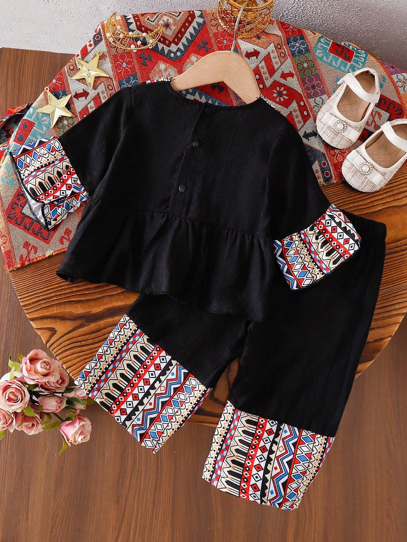 2pcs Girls Tribal Print Peplum Blouse & Wide-Leg Pants Set - Onyx |...
