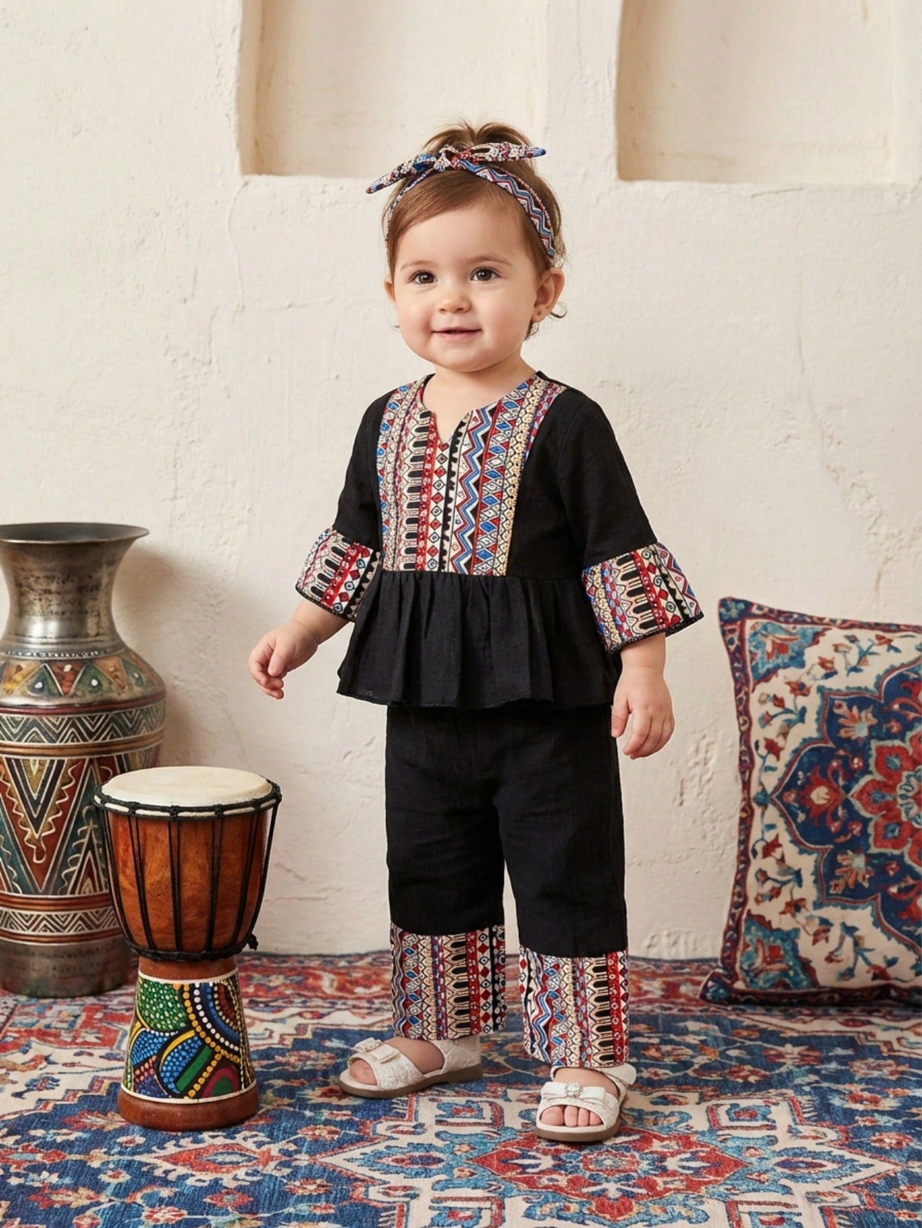 2pcs Girls Tribal Print Peplum Blouse & Wide-Leg Pants Set - Onyx |...