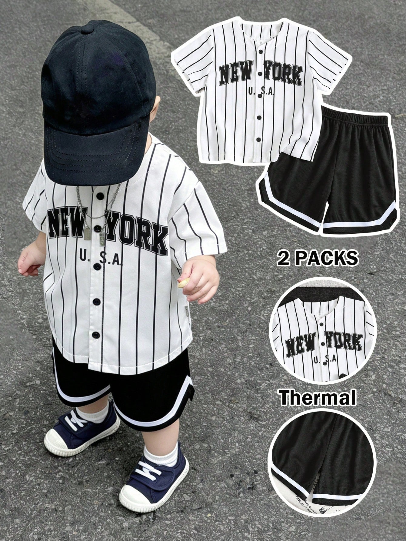 2pcs Boys New York Stripe Baseball Jersey & Shorts Set - Ivory