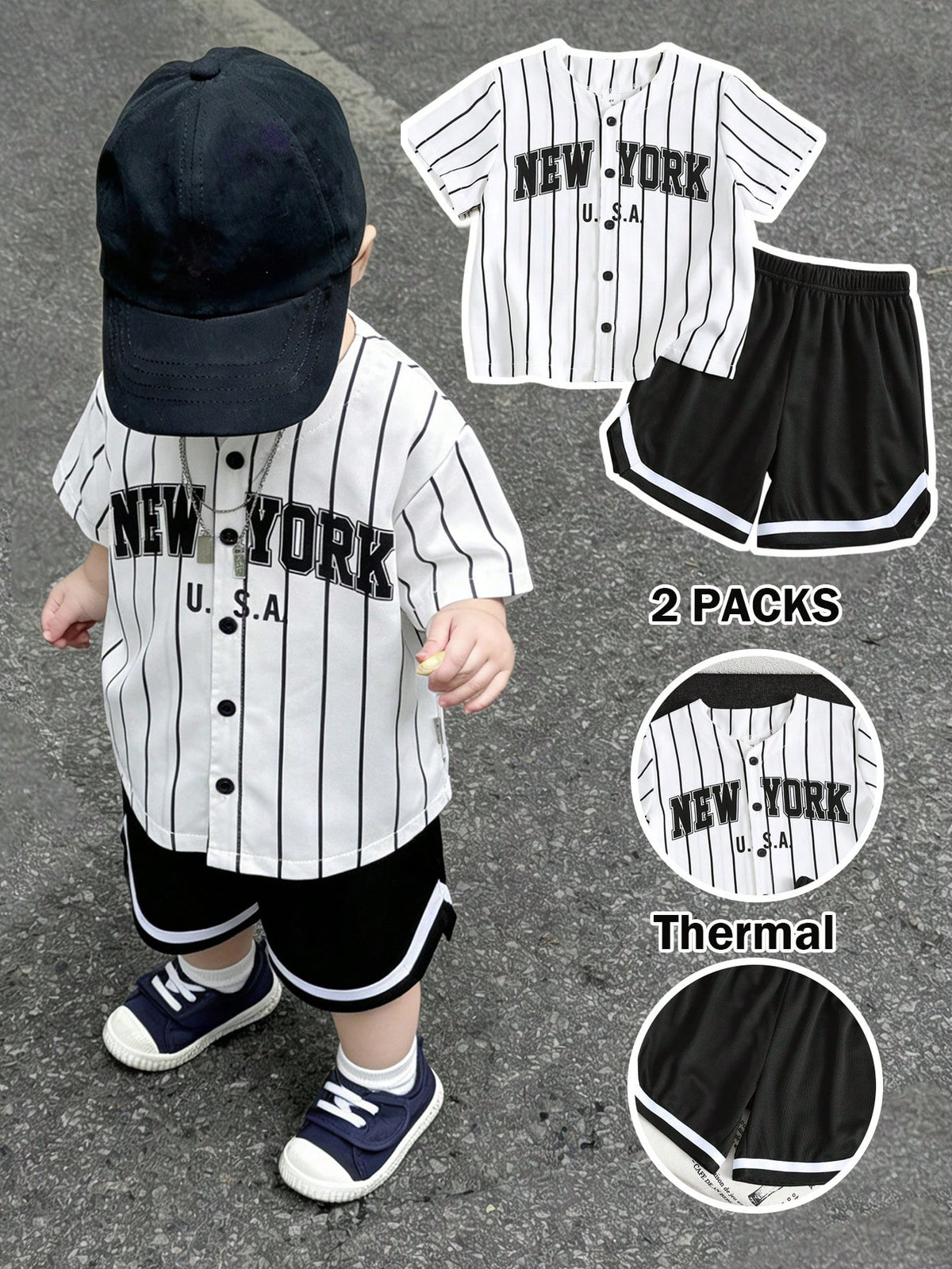 2pcs Boys New York Stripe Baseball Jersey & Shorts Set - Ivory