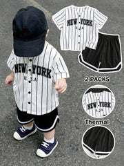 2pcs Boys New York Stripe Baseball Jersey & Shorts Set - Ivory