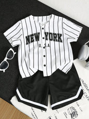 2pcs Boys New York Stripe Baseball Jersey & Shorts Set - Ivory