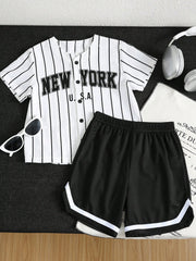 2pcs Boys New York Stripe Baseball Jersey & Shorts Set - Ivory