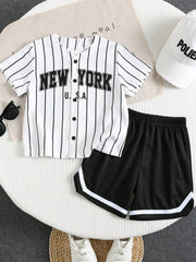 2pcs Boys New York Stripe Baseball Jersey & Shorts Set - Ivory