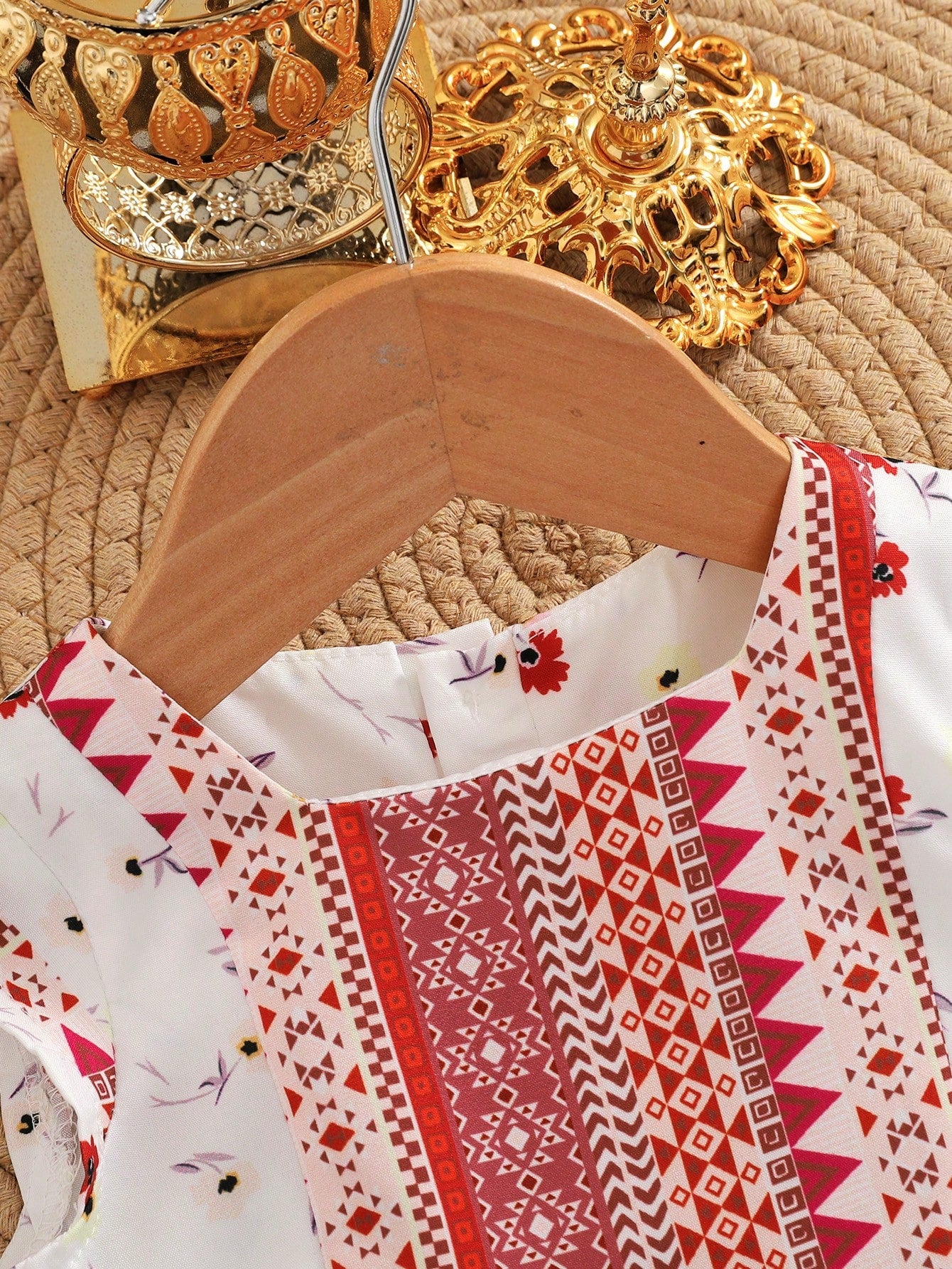 2pcs Girls Floral Aztec Print Ruffle Top & Pants Set - Ivory | 21 C...