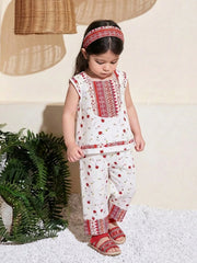 2pcs Girls Floral Aztec Print Ruffle Top & Pants Set - Ivory | 21 C...