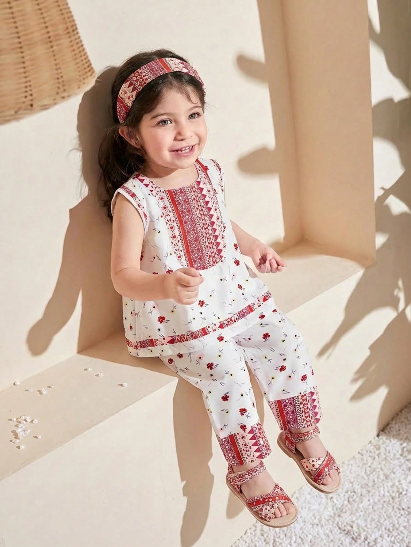 2pcs Girls Floral Aztec Print Ruffle Top & Pants Set - Ivory | 21 C...